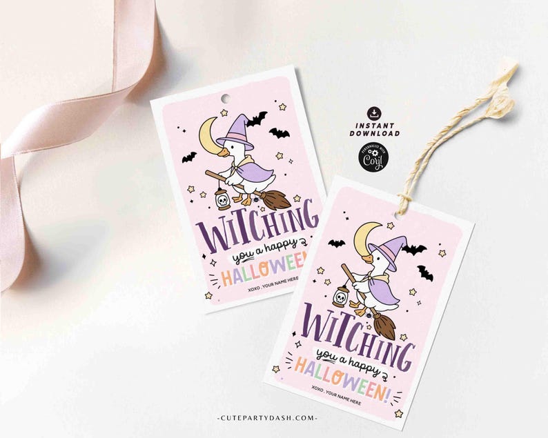 May include: Two pink Halloween gift tags with a witch duck illustration. The tags feature the text "Witching you a happy Halloween!" and include bats, stars, and a crescent moon.