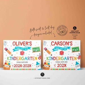 May include: Two printable signs for the first and last day of kindergarten. The signs are white with colorful illustrations of school supplies, including pencils, scissors, and an apple. The text on the signs reads "Oliver's First Day of Kindergarten" and "Carson's Last Day of Kindergarten".