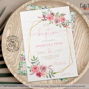 May include: A 5x7 inch invitation with a gold geometric frame and watercolor floral design. The text reads "Join us for the Baptism of our daughter Angelina Feng, October 31st at 11am, St. Paul Catholic Church, 123 Manchester Avenue, Placentia, CA.  Followed by luncheon at the Little Eagle. Kindly RSVP to Kayla at 555.1234."