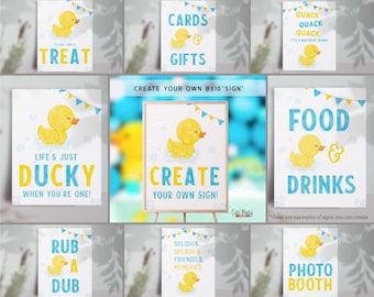 Puede incluir: Un conjunto de carteles imprimibles para un baby shower o una fiesta de cumpleaños con temática de patito de goma. Los carteles presentan patitos de goma amarillos con acentos azules y amarillos y texto como "Treat", "Cards & Gifts", "Food & Drinks", "Photo Booth", "Life's Just Ducky When You're One!" y "Create Your Own Sign!"