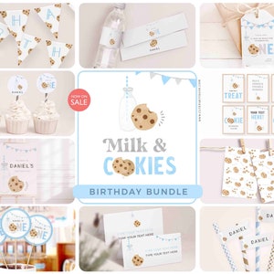 May include: A printable party supply bundle for a milk and cookies themed birthday party. The bundle includes a variety of items such as banners, cupcake toppers, favor tags, water bottle labels, and food labels. The design features a blue and gray color scheme with illustrations of cookies and milk.