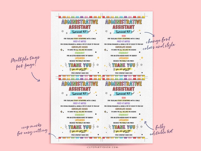 Administrative Assistant Survival Kit Tag Printable INSTANT DOWNLOAD Administrative Professionals Day Appreciation Thank You Secretaries Day