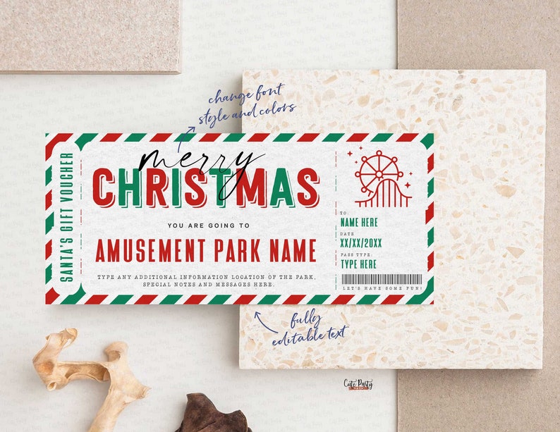 May include: A printable Christmas gift voucher for an amusement park. The voucher is designed to look like a vintage airline ticket with red, green, and white stripes. The text reads "Merry Christmas" and "You are going to [Amusement Park Name]".