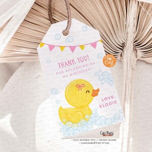 May include: A white thank you tag with a yellow rubber ducky in a bubble bath. The tag says "Thank you! For splashing by my birthday! Love, Elodie".