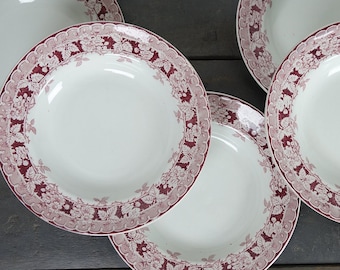 Set of 6 soup plates, French antique bowls, Terre de Fer, "Murier" pattern, St Amand, Campagne Chic, ca 1920