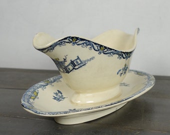 French antique sauce boat, KIOTO pattern, Creil Montereau, blue and yellow