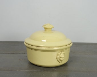French Antique Sarreguemines pot, foie gras pot, Lion's head