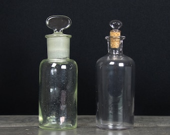Set of 2 chemistery flasks, French antique apothicary vials, pharmacy bottles, laboratory glassware