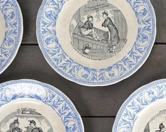 Ensemble de 7 assiettes parlantes, assiettes à dessert Français Antique, série Jeunes soldats, assiettes parlantes Sarreguemines, 19ème siècle