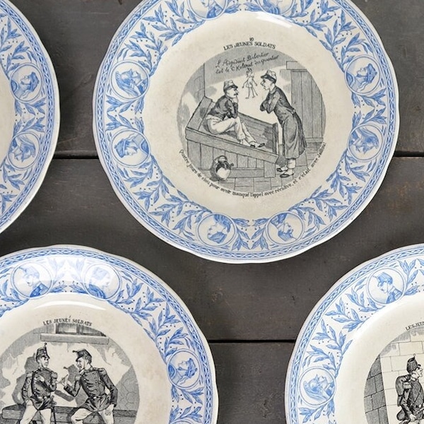 Set of 7 talking plates, French Antique dessert plates, Young soldiers serie, Sarreguemines talking plates, 19th century