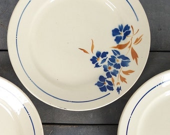 Ensemble de 4 assiettes vintage françaises, décor de fleurs bleues, Badonviller, vers 1930