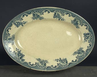 French Antique Blue Transferware, Ironstone oval dish from "Saint Amand" Moulin des Loups, ca 1900