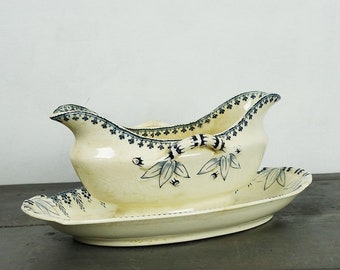 Französisch antike Sauce Boot, Untertasse, "Alger" Modell, Sarreguemines