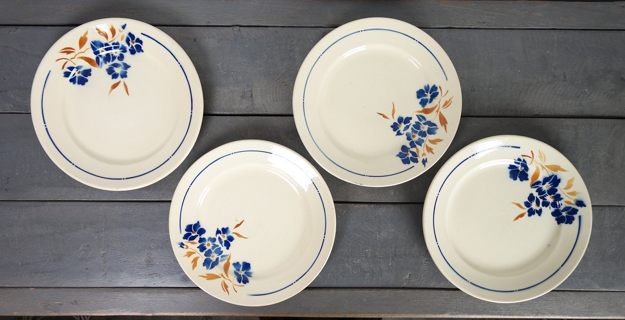 Lot de 4 Français Assiettes Vintage, Décor Fleurs Bleues, Badonviller, Vers 1930