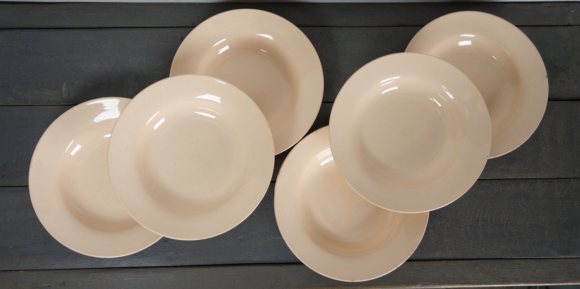 6 Assiettes à Soupe, Pink Blush, Creuses, Français Vintage, Digoin Sarreguemines, Vers 1930