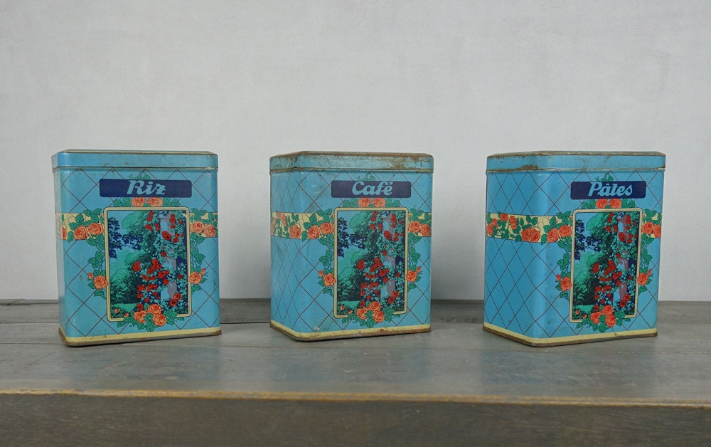 Lot de 3 Français Boîte en Fer Blanc, Bleu, Décor Roses, Ca 1940