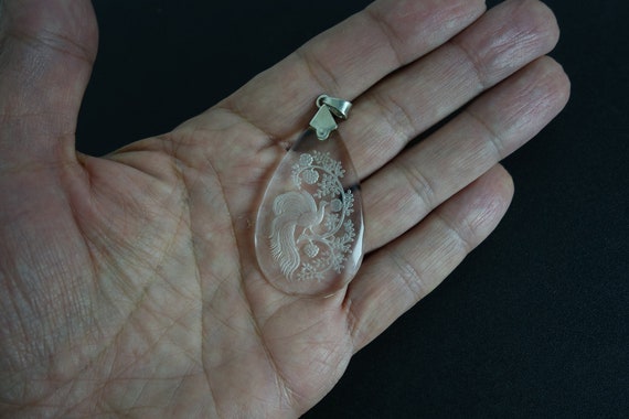 French antique pendant, engraved glass, bird and … - image 9