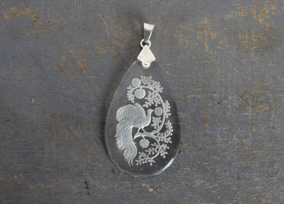 French antique pendant, engraved glass, bird and … - image 2