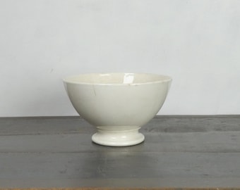 French antique white Gien bowl, breakfast bowl, footed bowl, white faience, tea stained