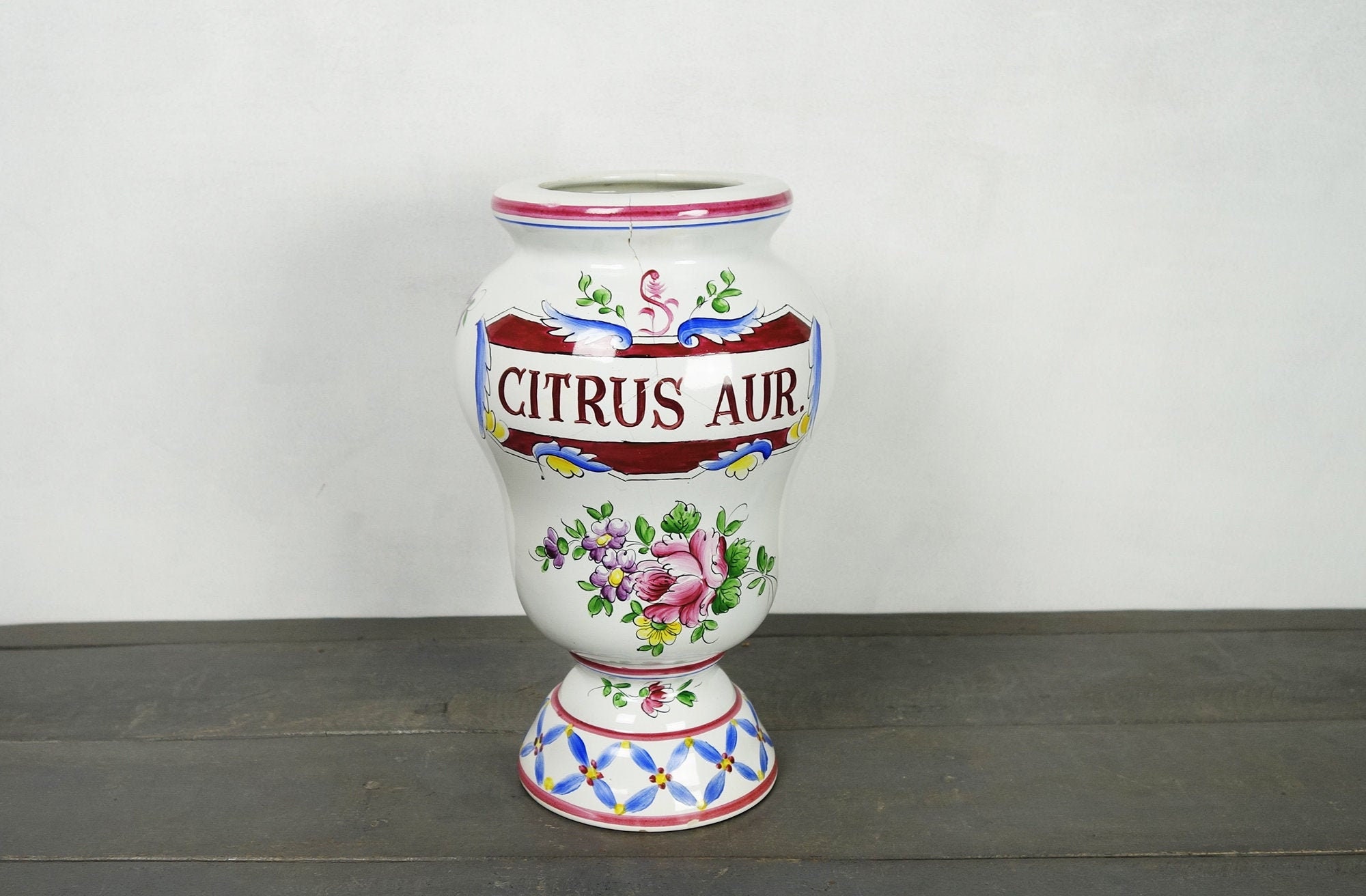 Grand Pot Apoticary en Détresse, Antique de Pharmacie, Citrus Aur., Faience, Vers 1920