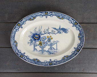 French antique KIOTO oval plate, dish, Terre de Fer, Creil Montereau, Collectible plate, Japon serie, Monet plates, blue and yellow, ca 1880
