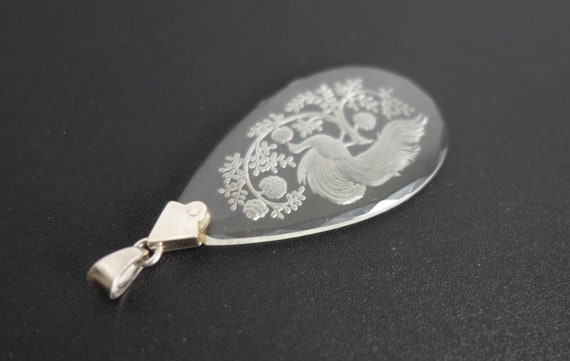 French antique pendant, engraved glass, bird and … - image 4