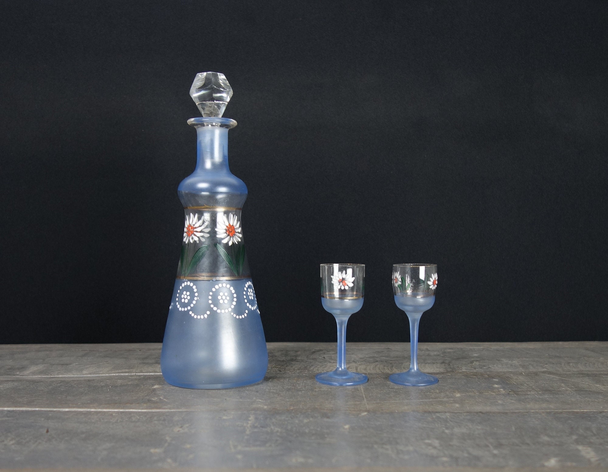 Français Carafe Bleue Vintage avec 2 Petits Verres à Pieds, Verre Émaillé
