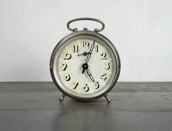 French vintage alarm clock JAPY, mantel clock, mechanical clock, serviced, revised 24h OK