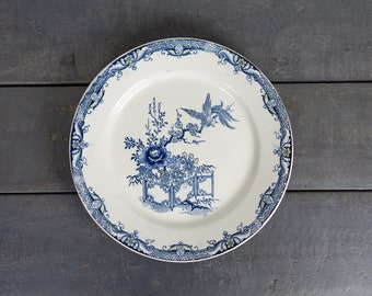 Set of 2 Kioto plates, Terre de Fer, Creil Montereau, Collectible plate, Japon serie, Monet plates, blue and yellow, ca 1880