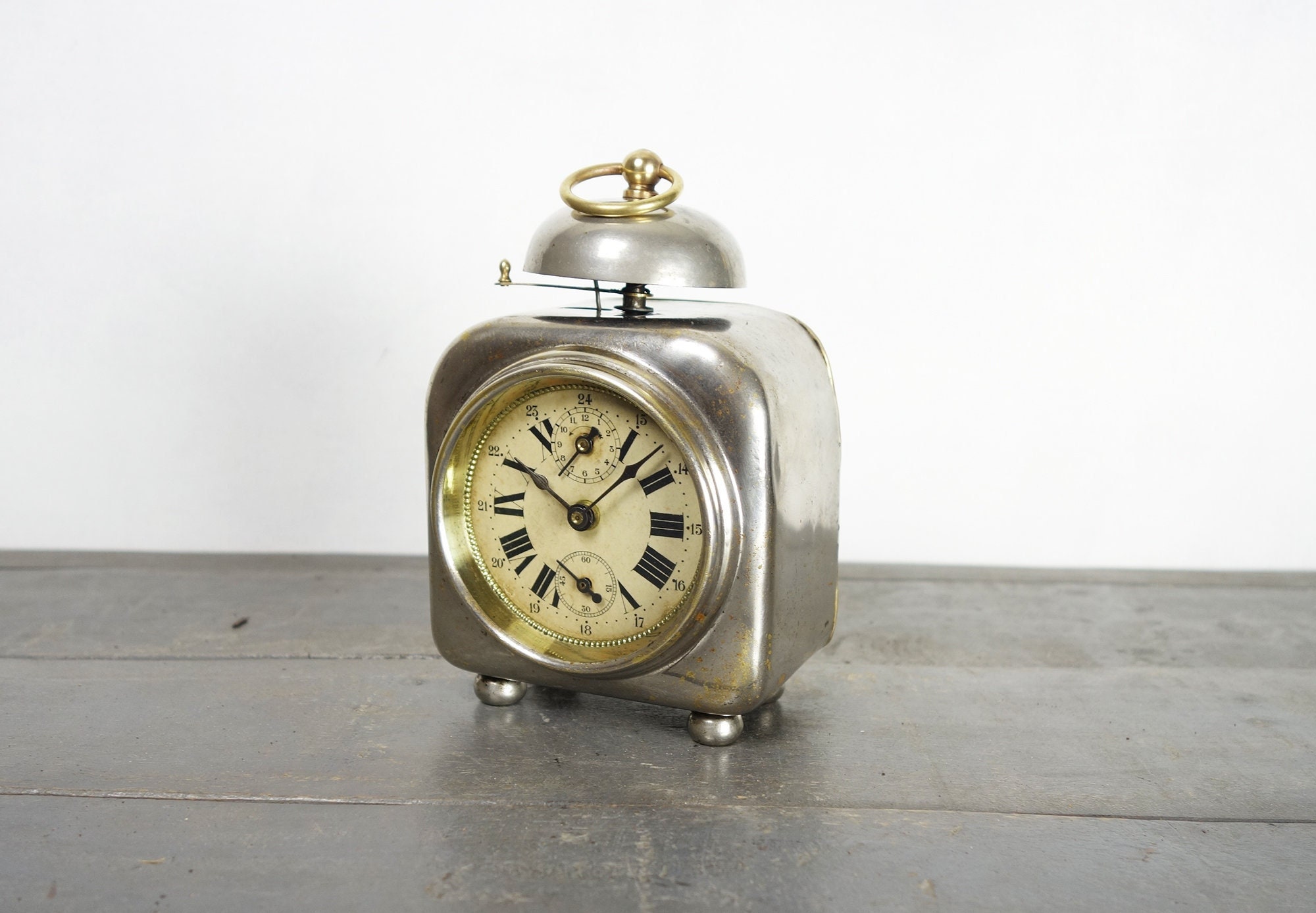 Français Cloche-Horloge Antique, Réveil Forme Cubique, Bon État de Fonctionnement, Xixe Siècle