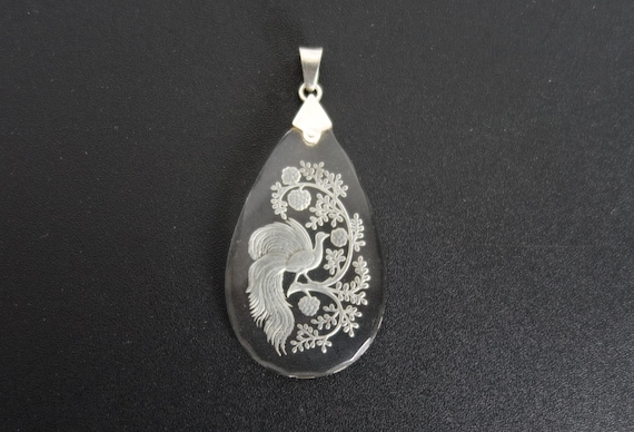 French antique pendant, engraved glass, bird and … - image 1