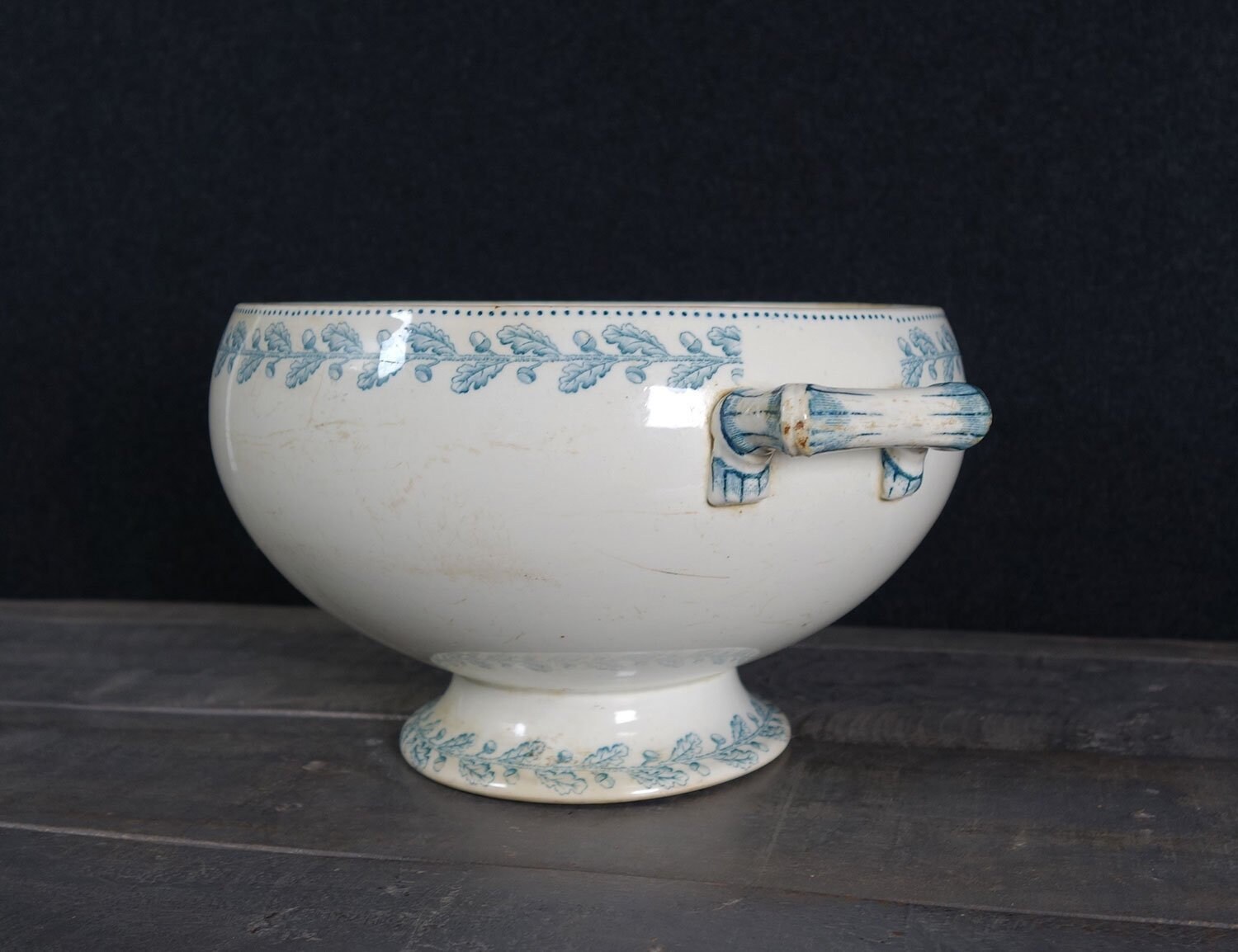 Antiquaire Français Soupe Tureen, Motif Chêne, Décor Bleu, Sarreguemines, Vers 1920