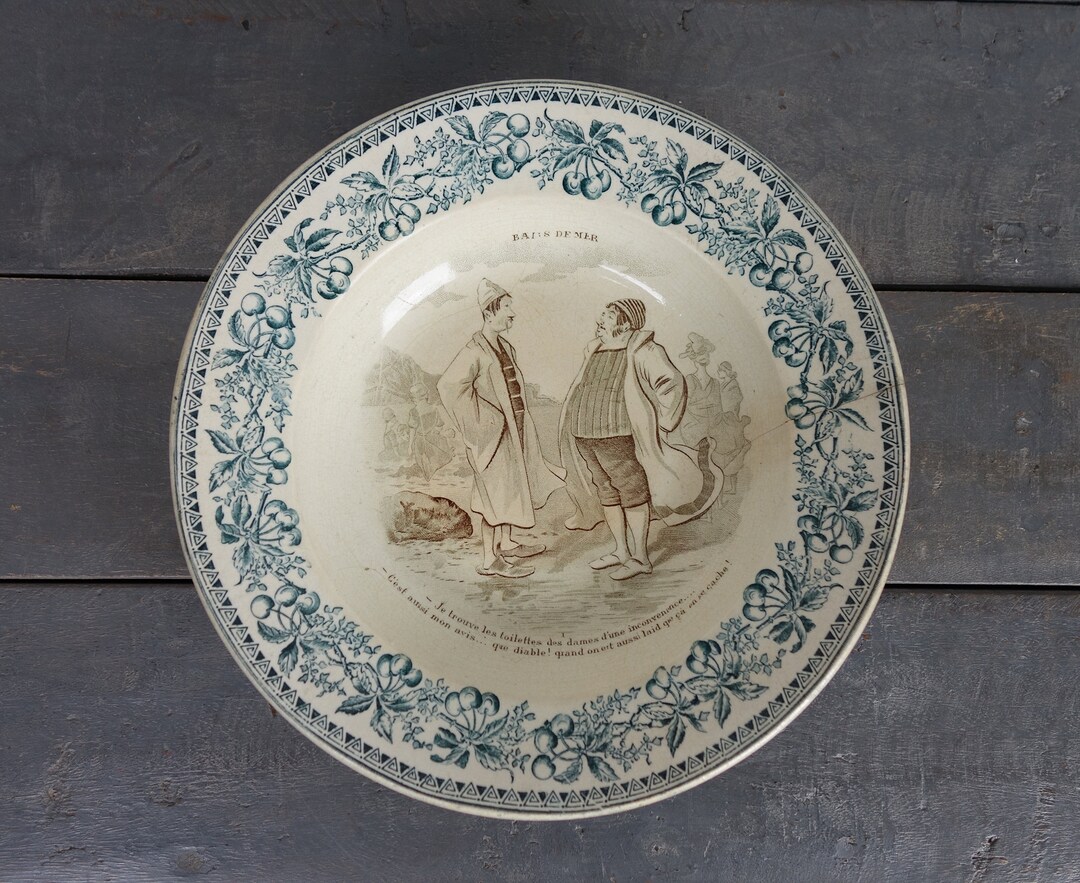 French Antique Large Talking Plate, Bowl, "bains De Mer"/ Sea Bathing