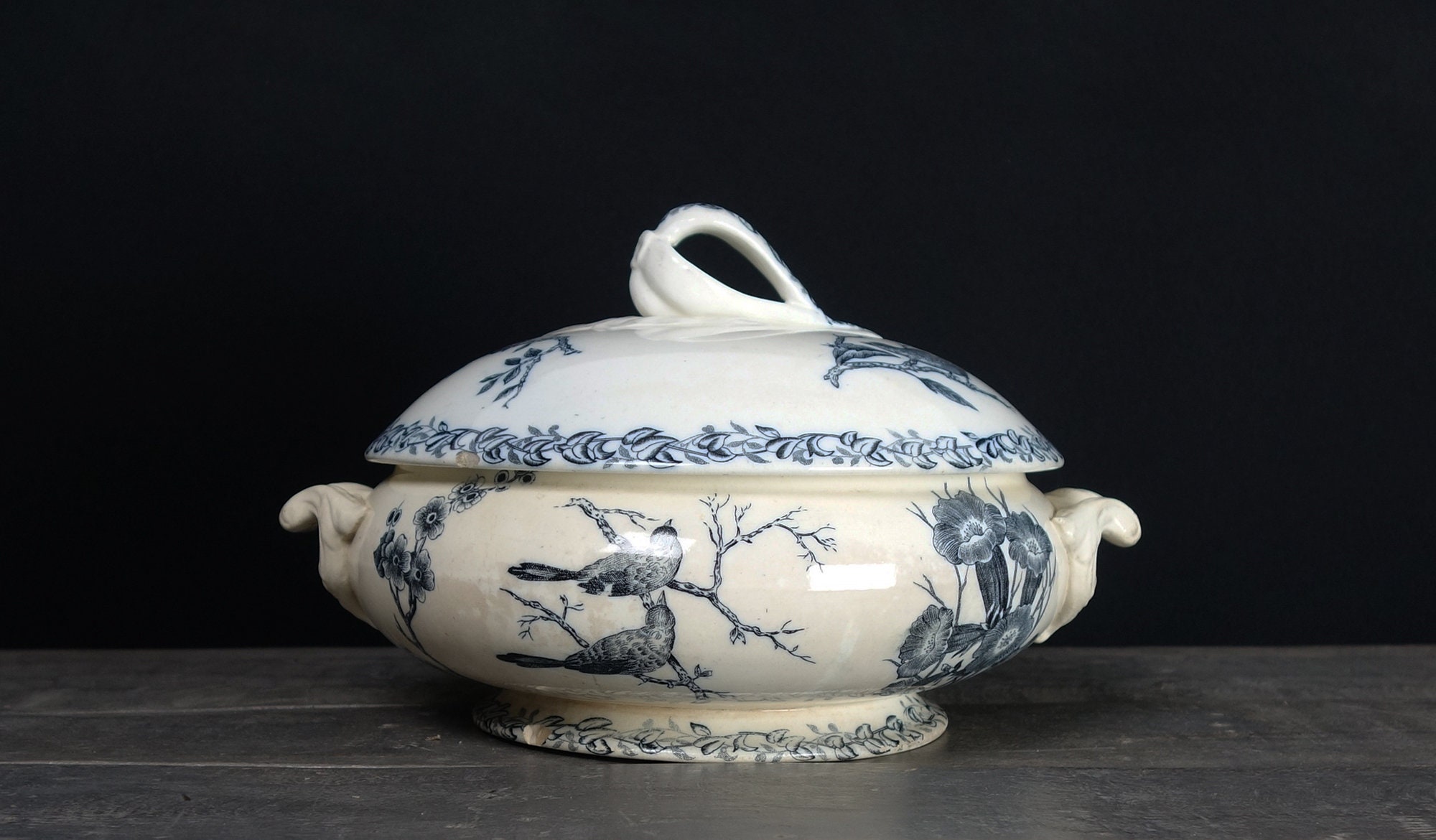 Français Antique Soup Tureen, Vegetable Bol de Service, Oiseaux, Insectes, Plantes, Blue Transferwar