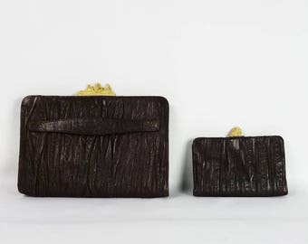 Set of 2 Vintage purses, leather pochette, crumpled leather, brown leather, leather handbag with Indian decor