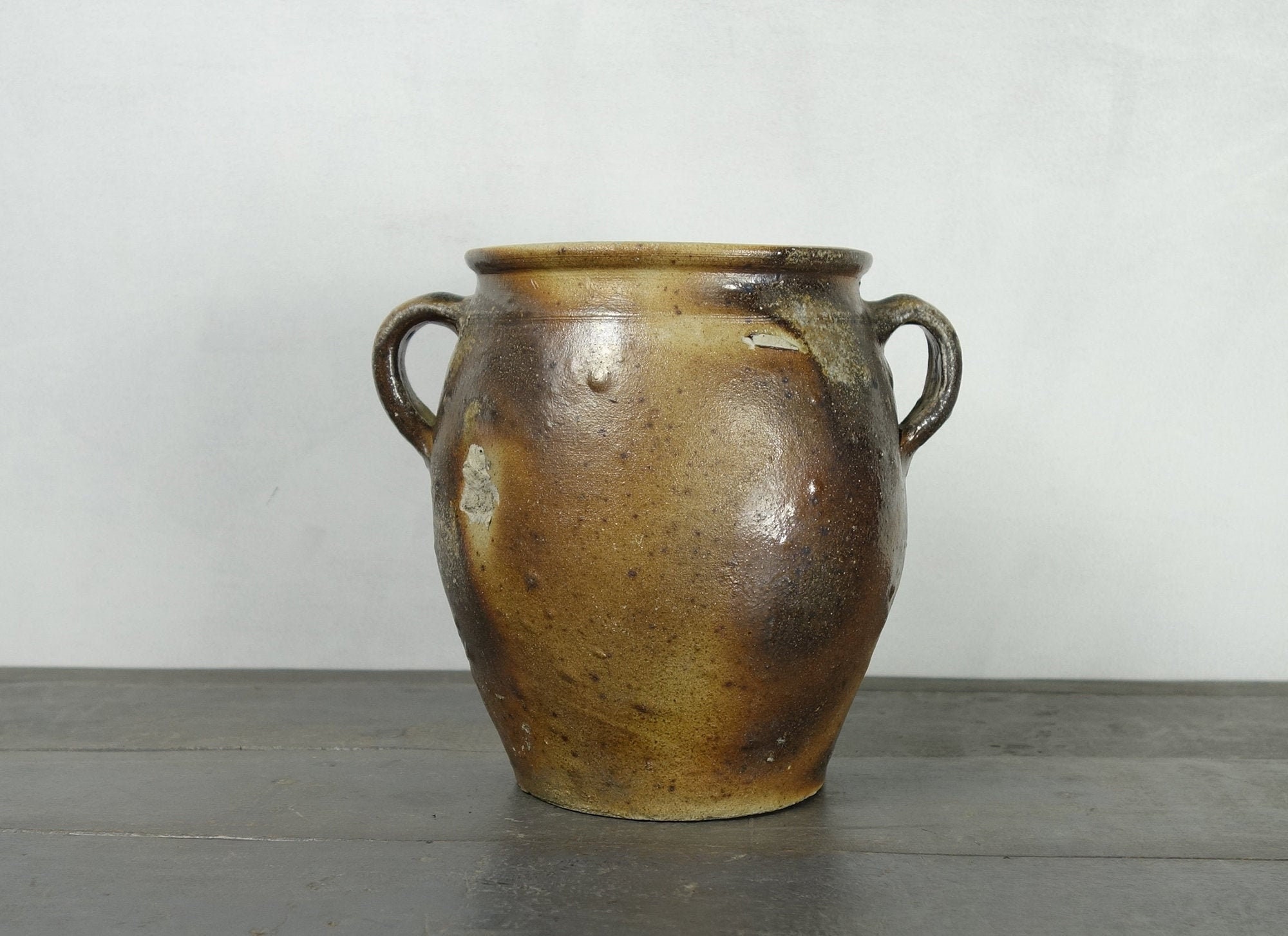 Français Pot Antique de Grès, Confit, Grès Glacé, Graisse, Modèle Sauvage, Primitiv, Rustique, Ferme