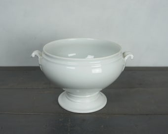 French antique porcelain soup tureen, small size, serving bowl, white porcelain, Limoges