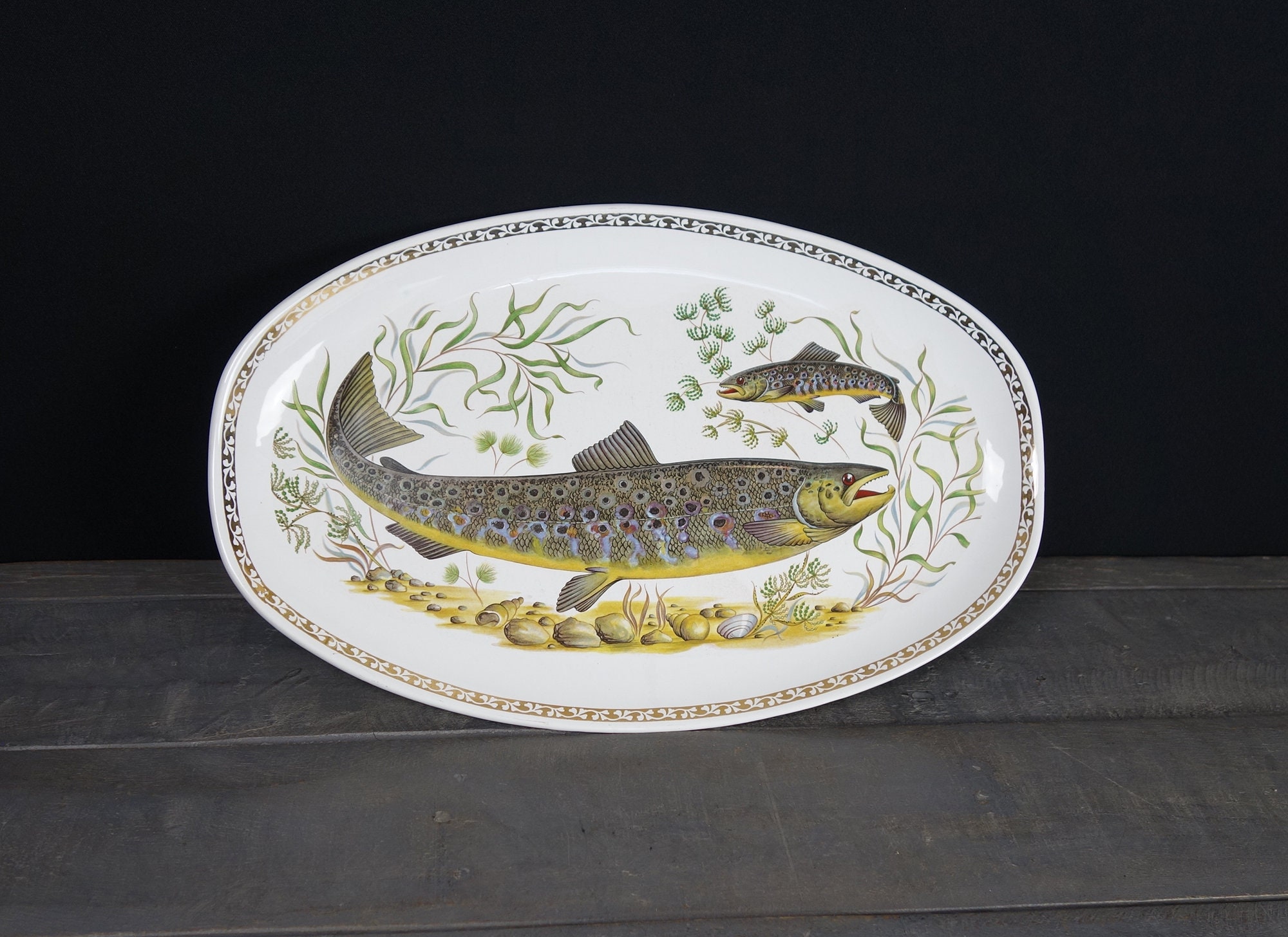 Français Plat de Poisson Vintage, Assiette Poisson, Service, Plateur Ovale, Longchamp, Vers 1970