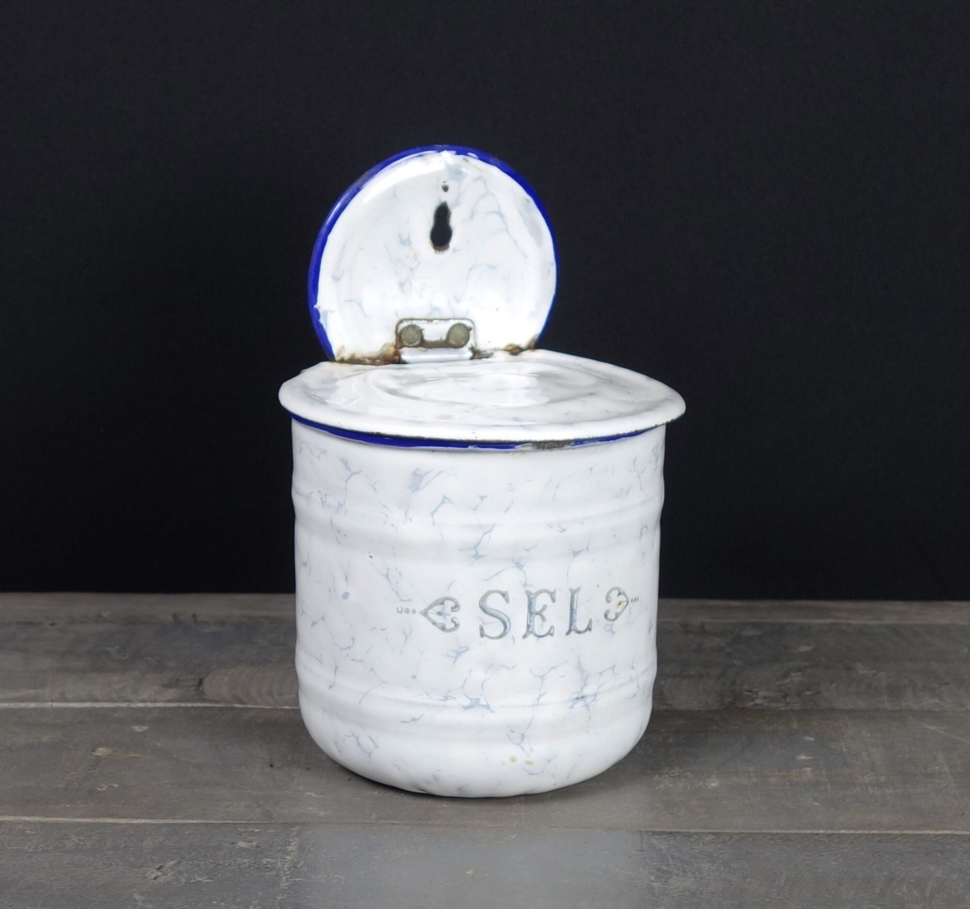 Français Pot de Sel d'émail Antique, Récipient Sel, Cuisine Ferme Pays