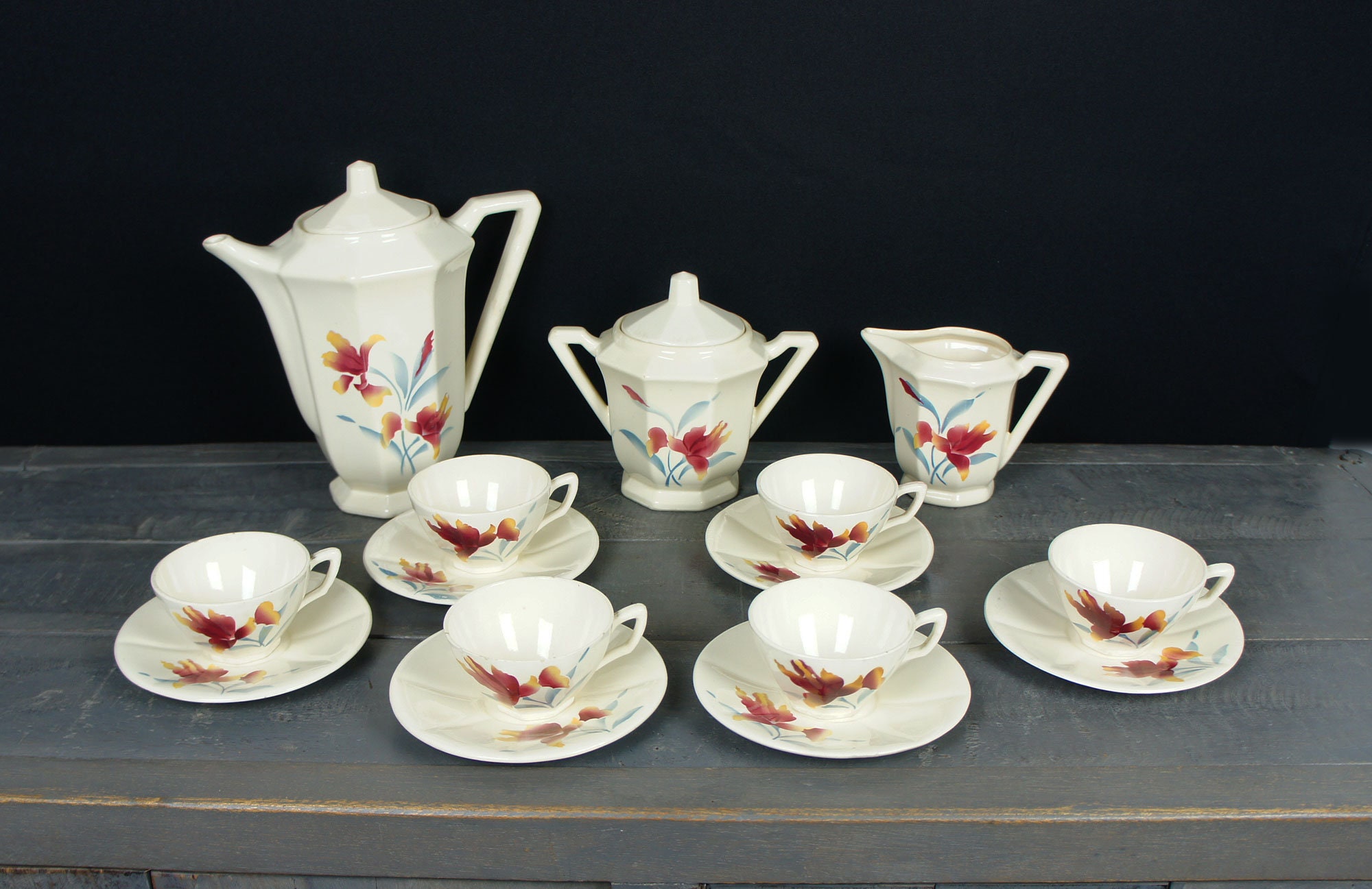 Français Café Vintage, Service Café, de Thé, Décor Iris, Digoin-Sarreguemines