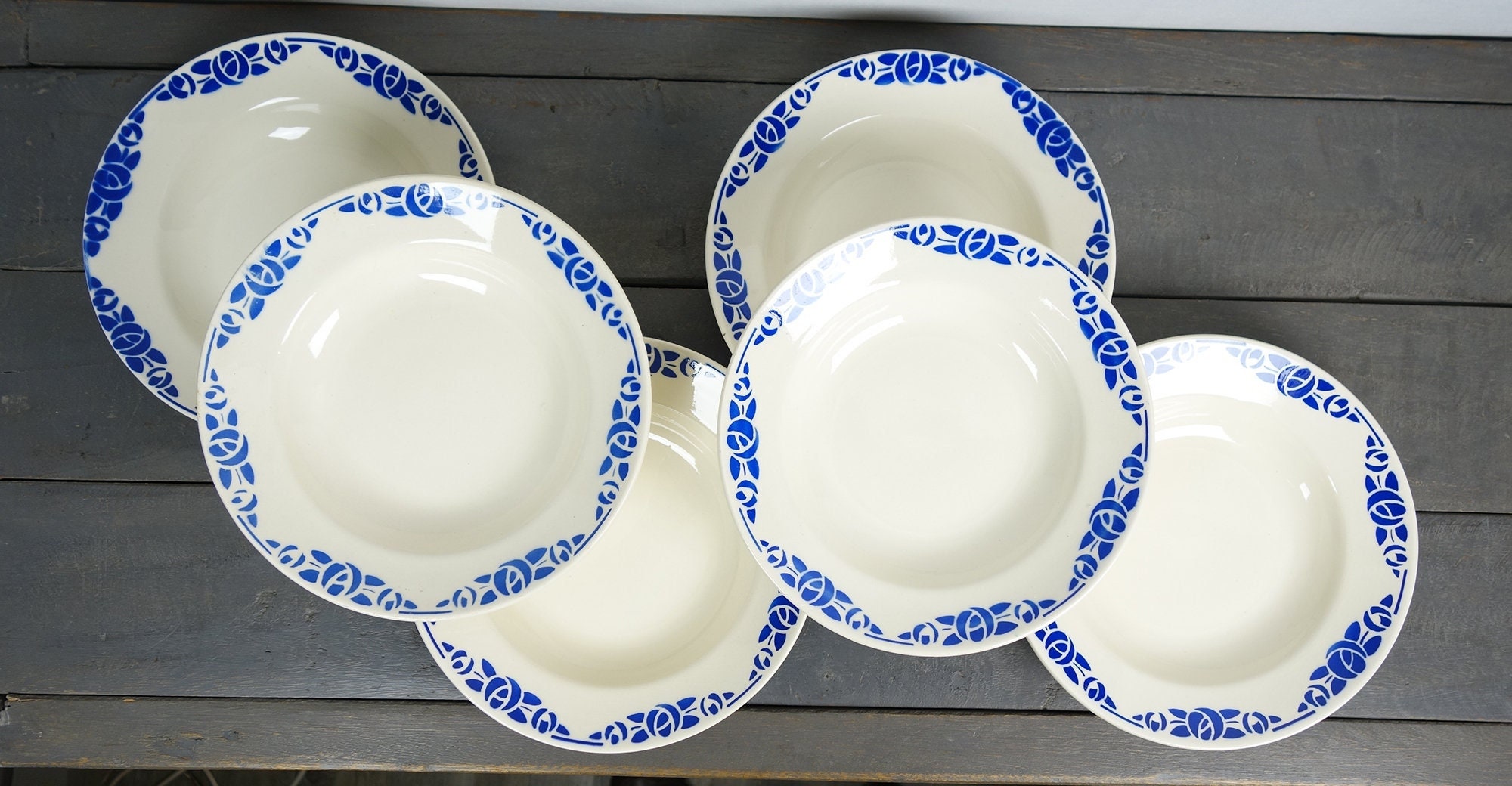 Lot de 6 Assiettes à Soupe, Français Assiettes Antiques, Blanc et Bleu, Art Déco, Badonviller, Vers 