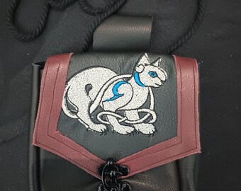 Embroidered Leather Celtic Cat Purse Belt Bag Satchel