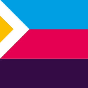 May include: A flag with a white triangle in the top left corner containing a yellow heart. The rest of the flag is divided into three horizontal stripes: blue, pink, and purple.