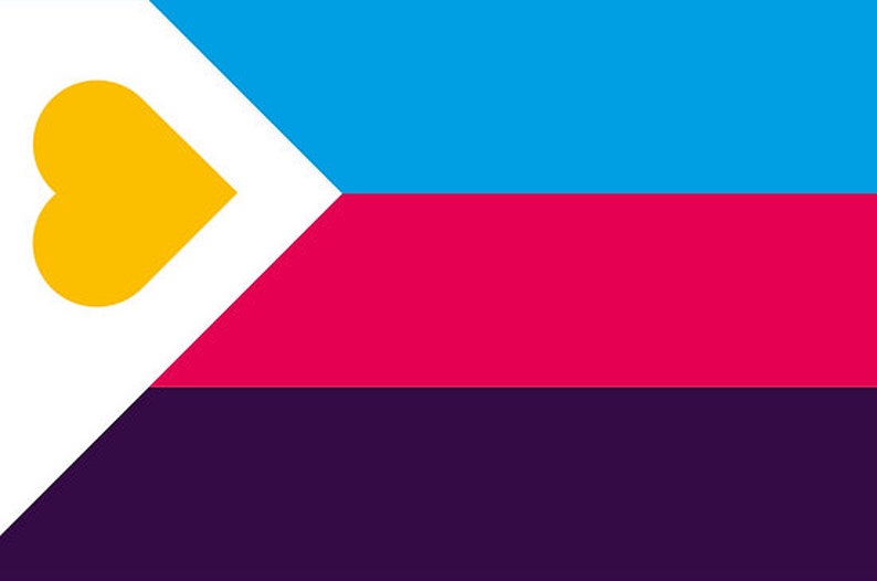 May include: A flag with a white triangle in the top left corner containing a yellow heart. The rest of the flag is divided into three horizontal stripes: blue, pink, and purple.