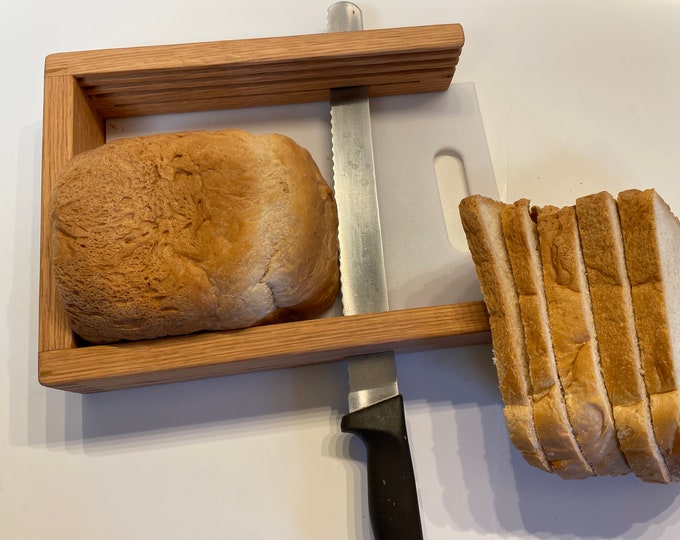 Featured listing image: Adjustable "Open Box" Bread Slicing Guide 7" Loaf Width 3/8 + 1/2 + 3/4-inch Thick Slices Hand Crafted by Mystery Lathe in Lincolnton GA
