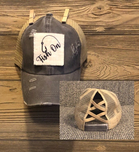 Get Your Fish On Hat! - Gray Criss Cross Ponytail Women's Hat - Summer Hat - Boating Hat - Fishing Enthusiast