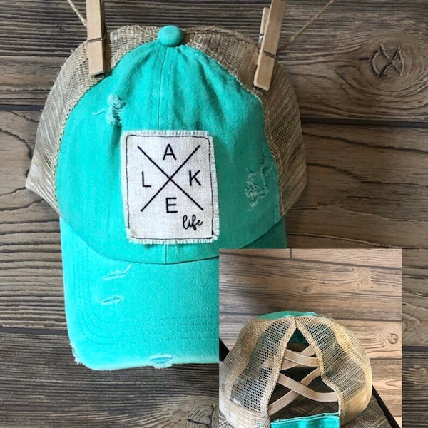 Criss Cross Back Ponytail Lake Hat - Aqua Distressed Lake Hat - Minnesota Hat - women’s lake hat - women’s summer hat