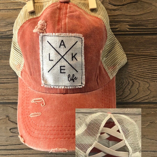 Coral Lake life hat - women’s criss cross ponytail hat - women’s summer hat - lake life trucker hat - MN hat - women’s vacation hat