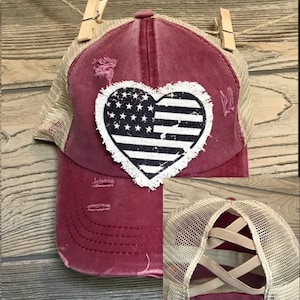 Criss Cross Ponytail America Flag Hat - Patriotic Women’s Hat - Distressed Faded Maroon Criss Cross Ponytail Hat