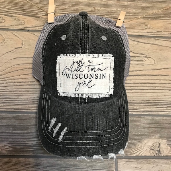 Wisconsin Hat - Women’s Distressed Gray Trucker Hat - WI Hat - Raggy Patch Hat